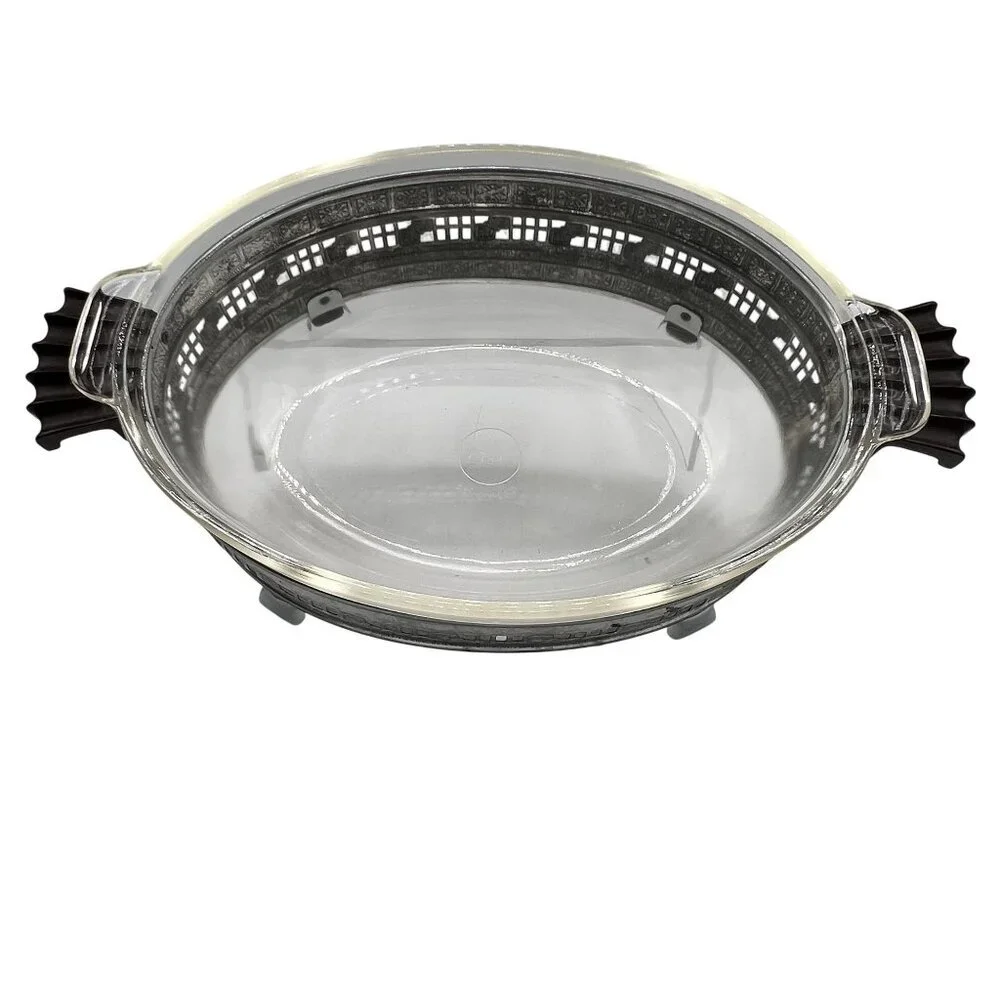 Pyrex 1.5qt Vintage Oval Glass Casserole Dish Etched Silver Plated Footed Holder